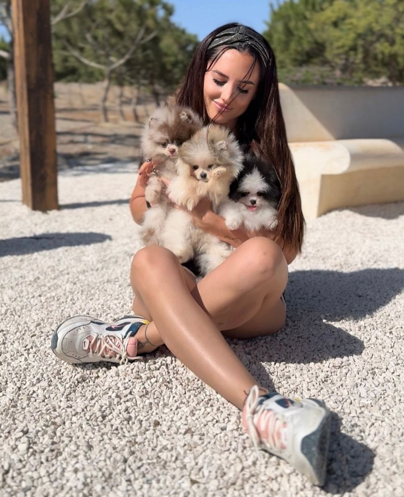 Lola sentada al sol con tres cachorros de Diamantes del Mediterráneo en brazos